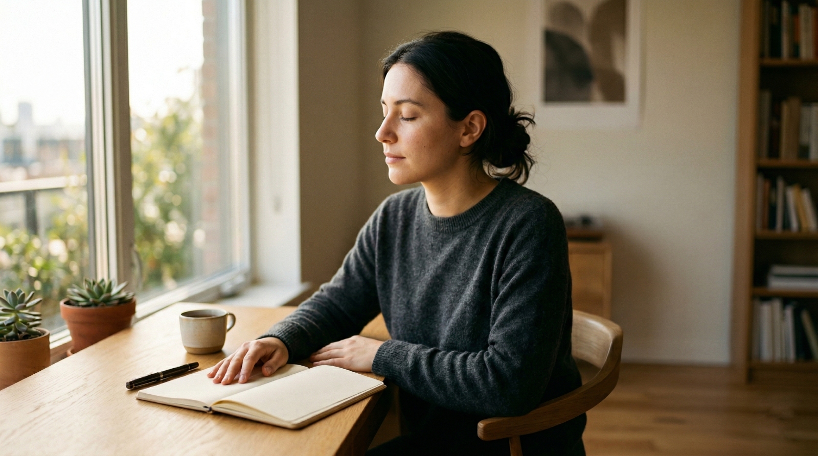 A knowledge worker sitting at a desk with eyes closed, hand resting on an open notebook, laptop pushed aside