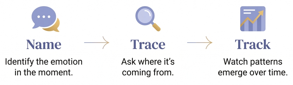 Simple 3-step visual — Name, Trace, Track — each step with a one-line description.