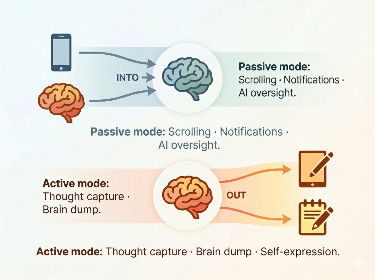 Flow diagram showing two paths: passive mode with arrows flowing into a brain from screens, and active mode with arrows flowing out of a brain toward thought capture.