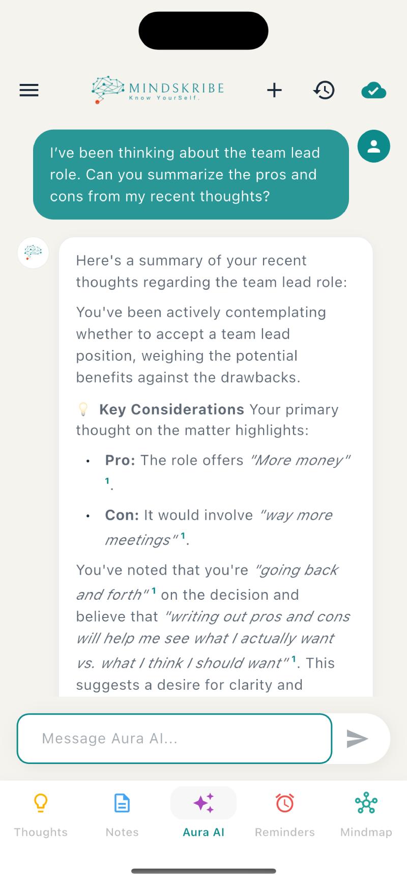 Aura AI assistant summarizing pros and cons from your thoughts, with tappable citation numbers linking back to original entries