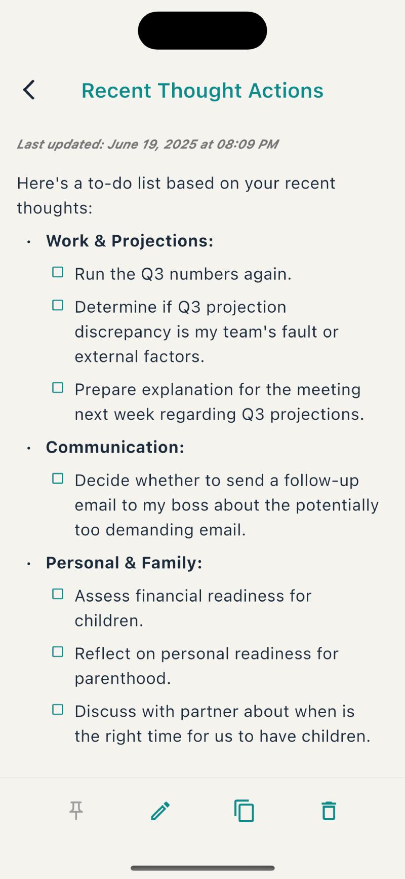 A generated note showing an AI-created to-do list organized by Work, Communication, and Personal categories