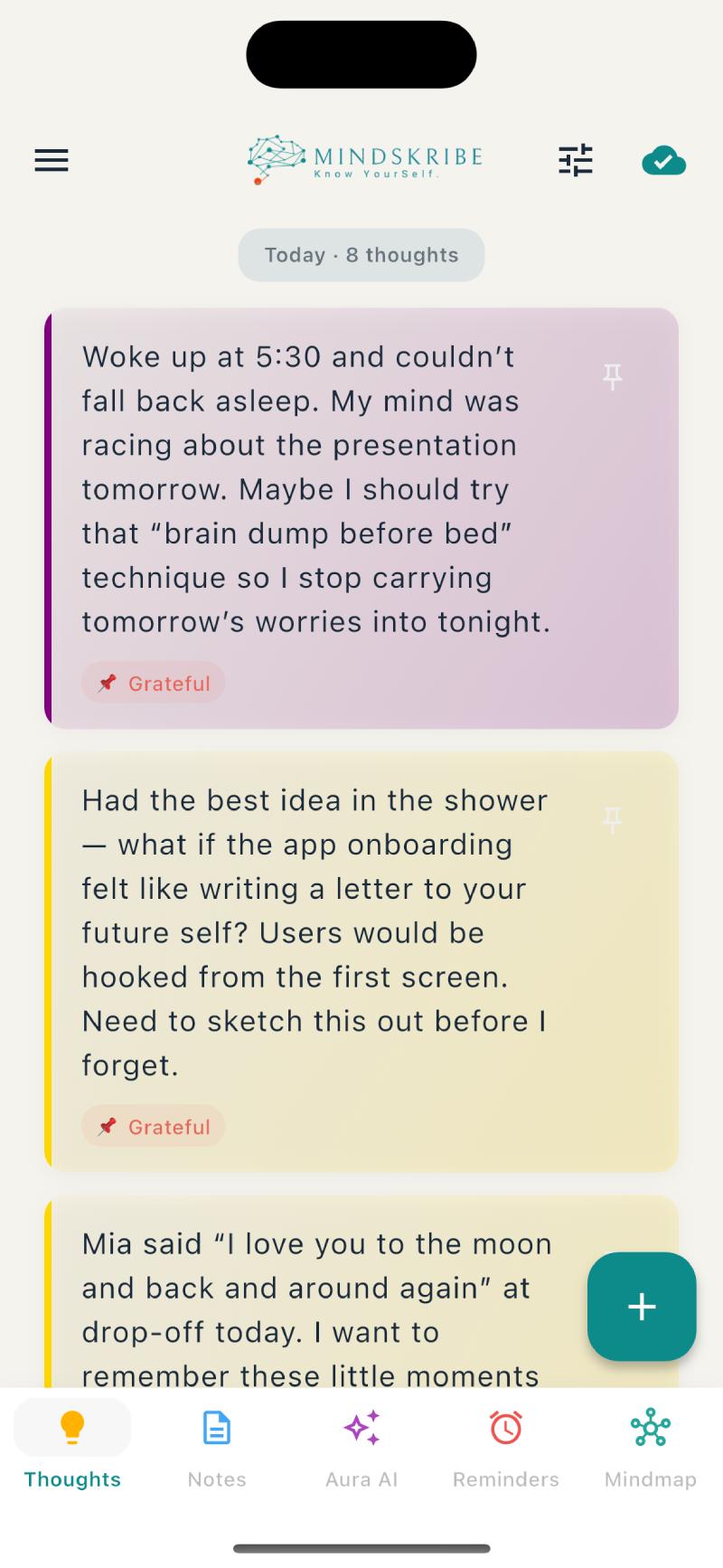 Mindskribe thoughts feed showing thought cards with emotion chips, hashtags, and the compose button