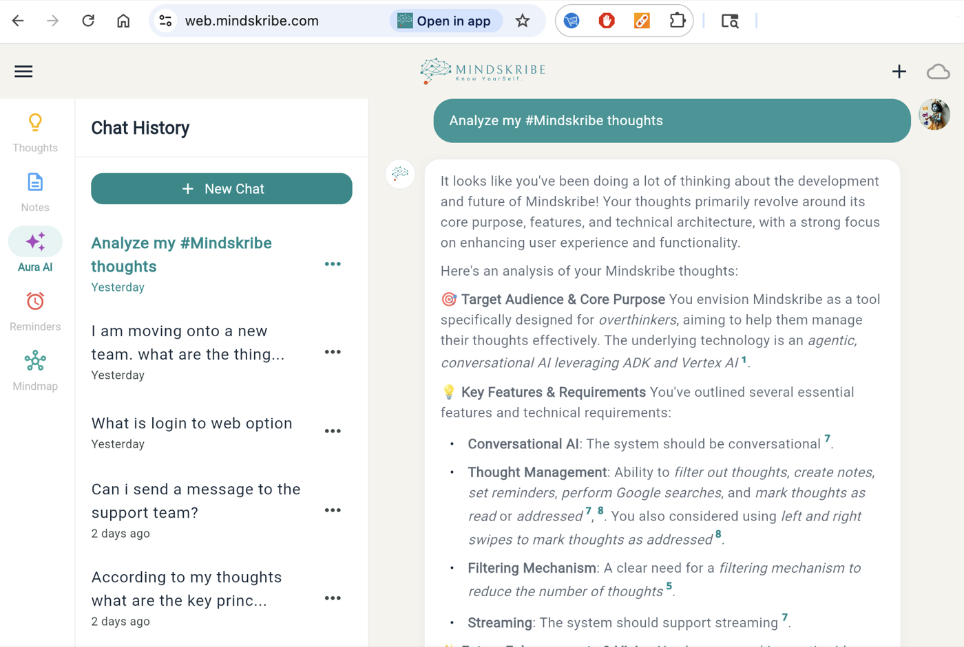Mindskribe web app at web.mindskribe.com showing the desktop layout with sidebar navigation and Aura AI chat